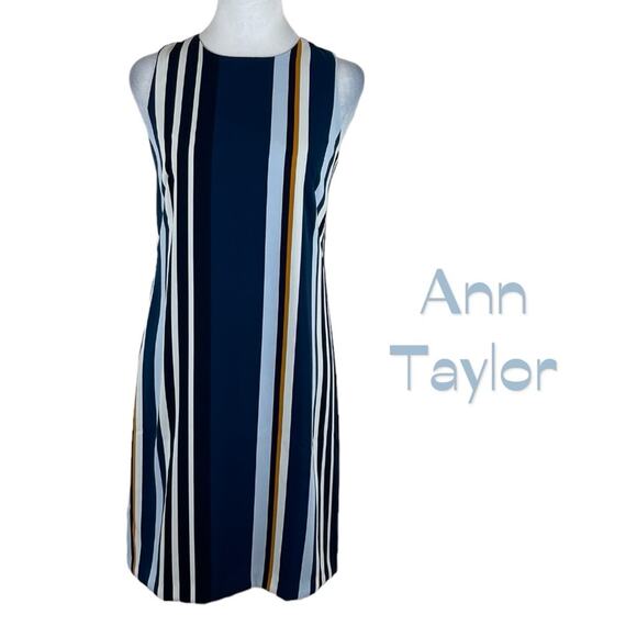 Ann Taylor Navy Bold Stripe Print Career Office Shift Dress NWOT Size 2 - Picture 2 of 12